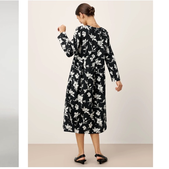 100% Linen Floral Printed Gathered Maxi Dress ELODIE - Picture 8 of 10